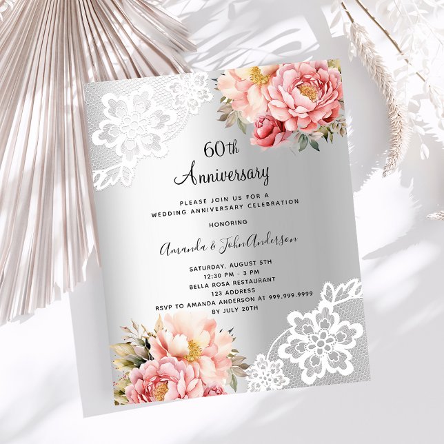 Silver floral 60th wedding anniversary invitation (Creator Uploaded)