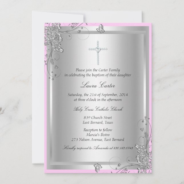 Silver Floral Baptism/Christening Invitation (Front)