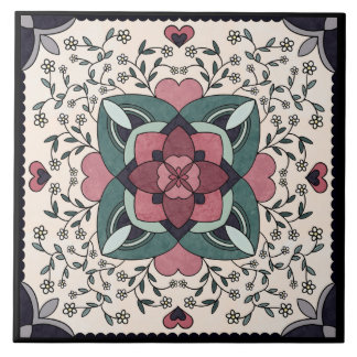 Silver Floral Bloom Retro Mandala Ceramic Tile