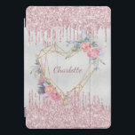 Silver floral blush pink glitter monogram name iPad pro cover<br><div class="desc">A faux silver metallic looking background. Blush pink faux glitter drips,  paint dripping look as decoration. A golden heart decorated with pink flowers.  Personalise and add a name. The name is written with a modern hand lettered script.  Perfect for school homework,  back to school.</div>