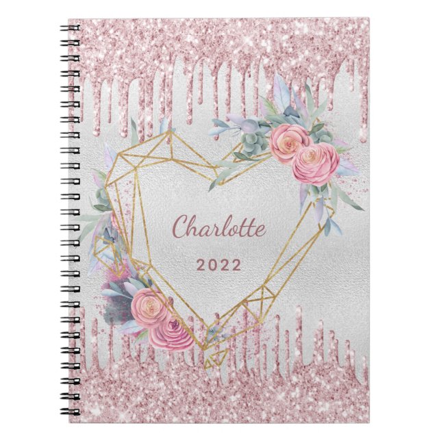 Silver floral blush pink glitter name diary notebook (Front)