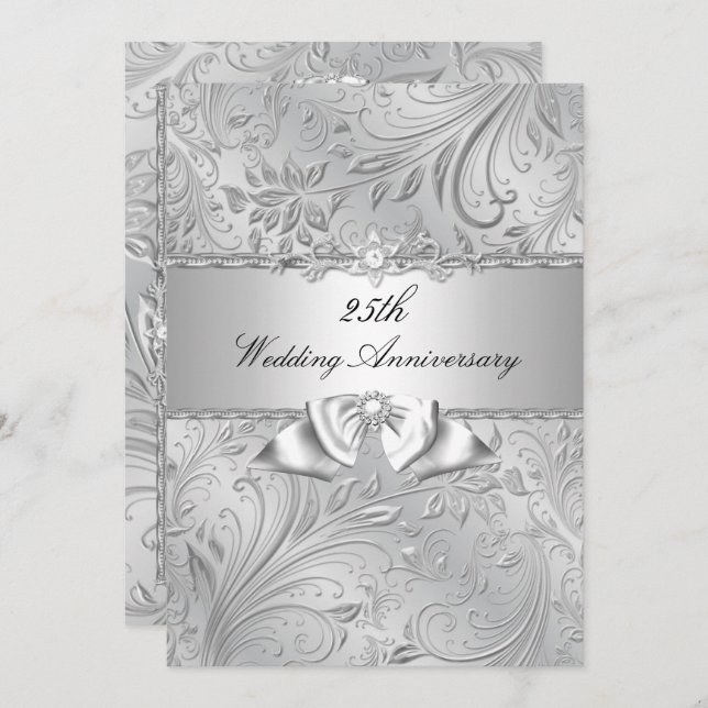 Silver Floral & Bow 25th Wedding Anniversary Invitation (Front/Back)