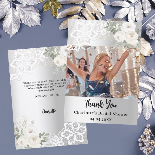 Silver floral Bridal Shower photo thank you card (Creator Uploaded)