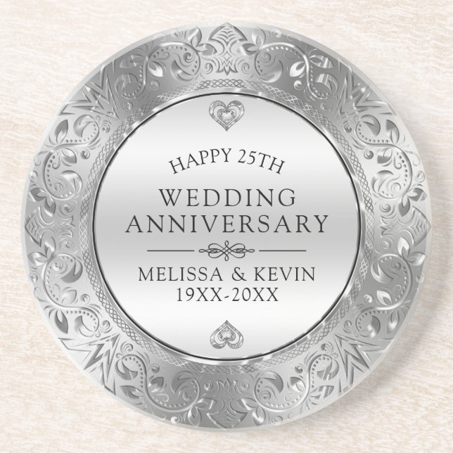 Silver Floral Circle 25th Wedding anniversary Coaster (Front)