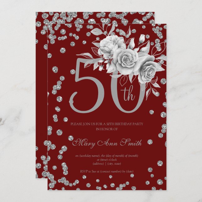 Silver Floral & Confetti 50th Birthday Burgundy  Invitation (Front/Back)