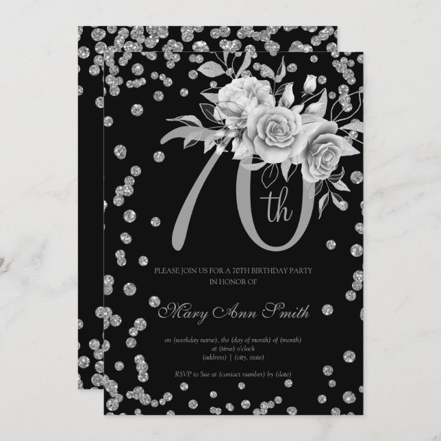 Silver Floral & Confetti 70th Birthday Party Black Invitation (Front/Back)