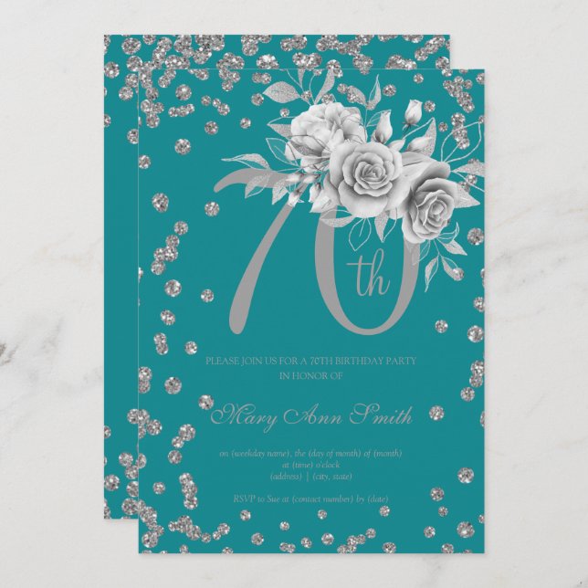 Silver Floral & Confetti 70th Birthday Party Teal  Invitation (Front/Back)