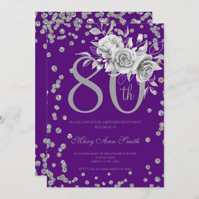 Silver Floral & Confetti 80 Birthday Party Purple  Invitation (Front/Back)