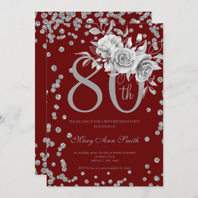 Silver Floral & Confetti 80th Birthday Burgundy  Invitation (Front/Back)