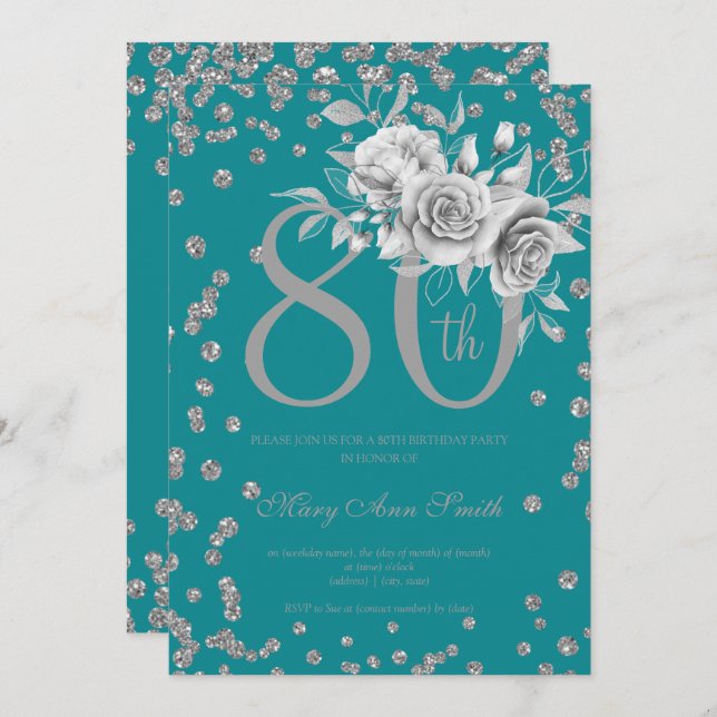 Silver Floral & Confetti 80th Birthday Teal  Invitation (Front/Back)