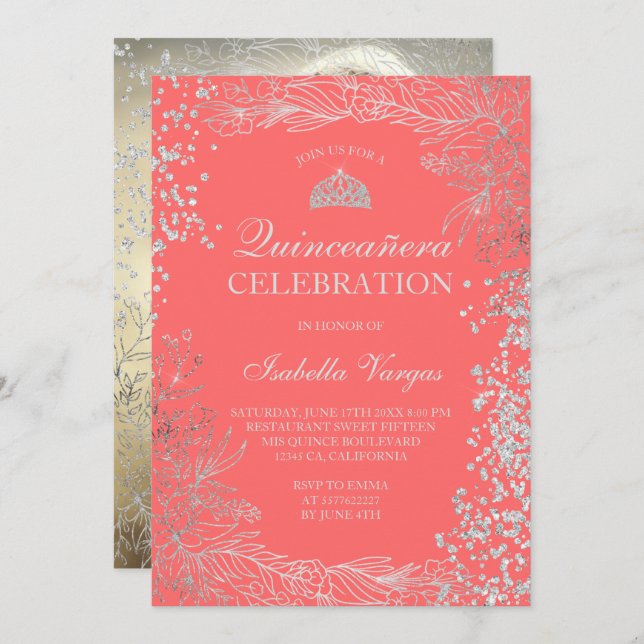 Silver floral coral photo Tiara Quinceañera Invitation (Front/Back)