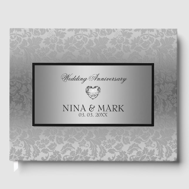 Silver Floral Damask-Anniversary Guest Book (Front)