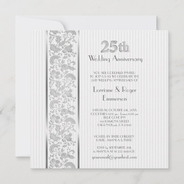 Silver Floral Elegance 25th Anniversary Invitation (Front)