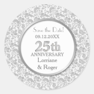 Silver Floral Elegance 25th Wedding Anniversary Classic Round Sticker