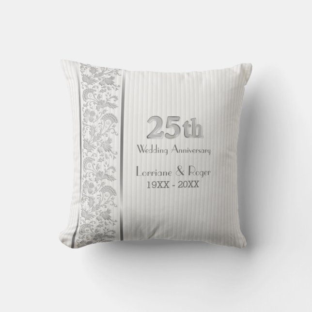 Silver Floral Elegance 25th Wedding Anniversary Cushion (Front)