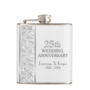 Silver Floral Elegance 25th Wedding Anniversary Hip Flask