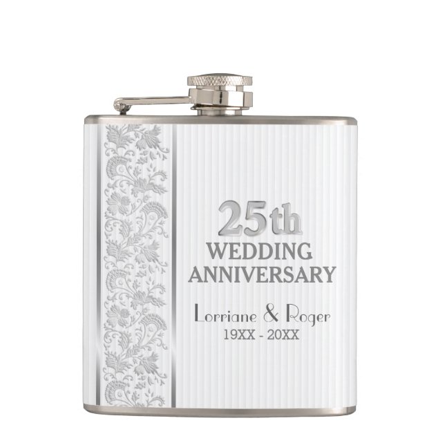 Silver Floral Elegance 25th Wedding Anniversary Hip Flask (Front)
