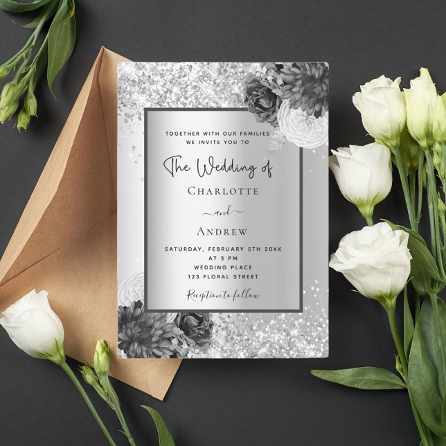 Silver floral elegant monochrome wedding invitation (Creator Uploaded)