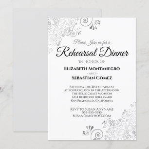 Silver Floral Filigree Wedding Rehearsal Dinner Invitation