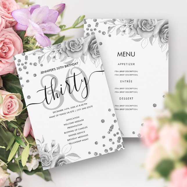 Silver Floral Glitter 30 Birthday Menu Program Invitation (Silver Floral Glitter 30 Birthday Menu Program)