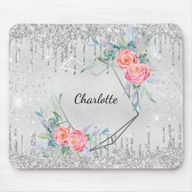 Silver floral glitter drips blush pink name mouse pad (Front)