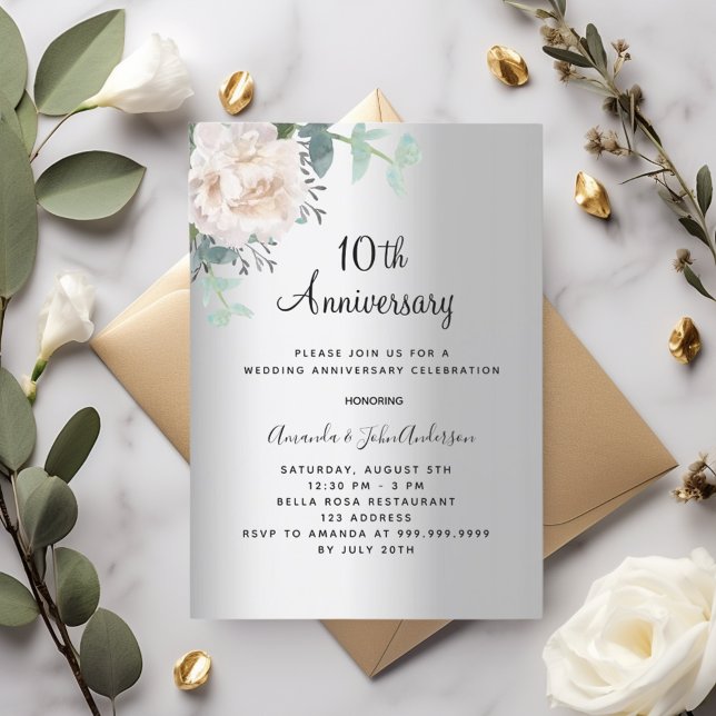 Silver floral greenery 10th wedding anniversary invitation (Creator Uploaded)