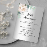 Silver floral greenery 25th wedding anniversary invitation<br><div class="desc">A faux silver looking background. Decorated with a white floral,  peony flower and green watercolored eucalyptus greenery. Personalise and add your names and the details</div>