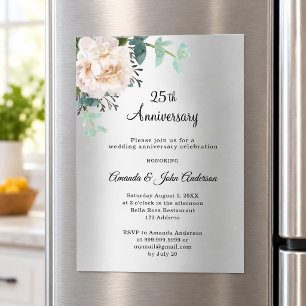 Silver floral greenery 25th wedding anniversary magnetic invitation