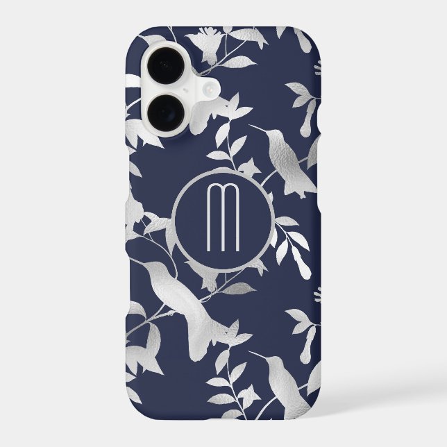 Silver Floral Hummingbird Pattern on Blue Monogram (Back)