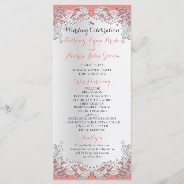 Silver Floral Lace Design Wedding Program Programme (Front)