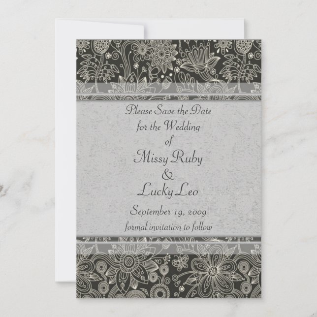 Silver Floral & Lace Save the Date Announcement (Front)