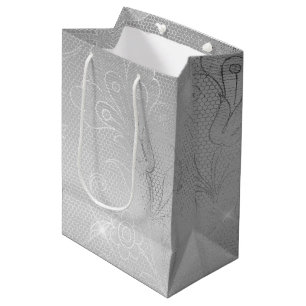 Silver Floral Lace Wedding Medium Gift Bag