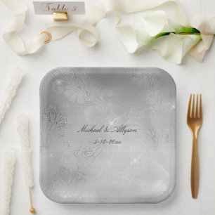 Silver Floral Lace Wedding Paper Plate