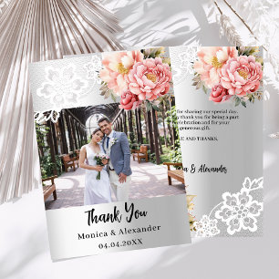 Silver floral lace wedding photo thank you card