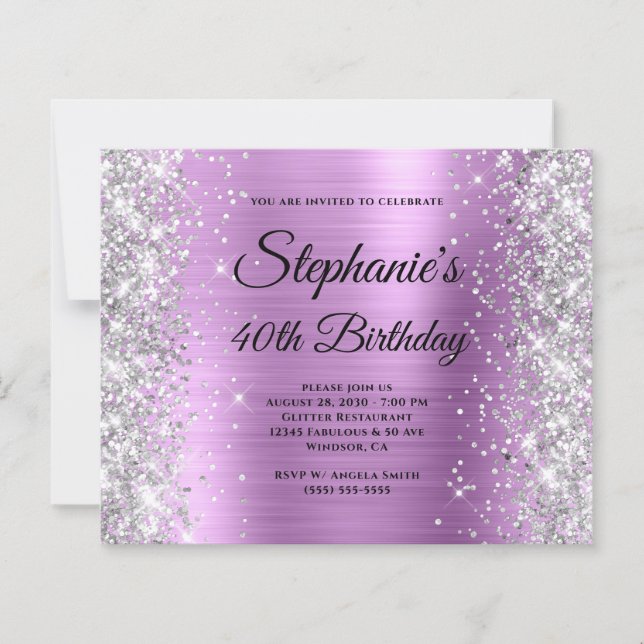 Silver Floral Lavender Glam Monogram 40th Birthday (Front)