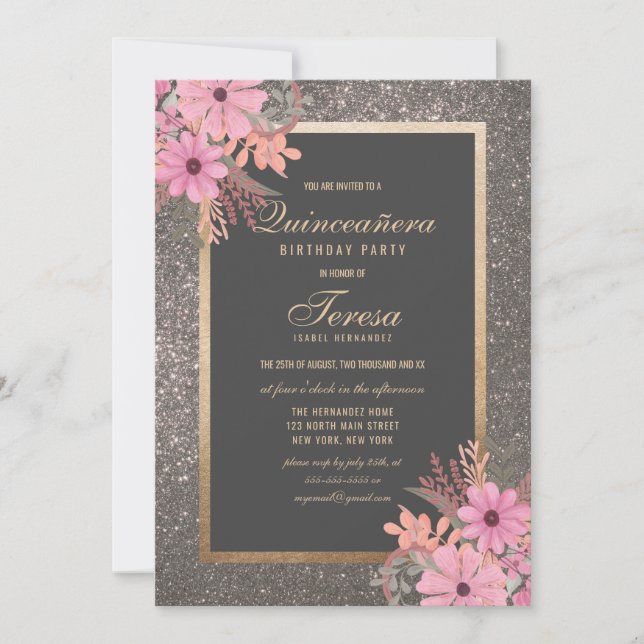 Silver Floral Leaf Watercolor Glitter Quinceañera Invitation (Front)