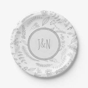 Silver Floral Leaves Rustic Wedding Reception Paper Plate