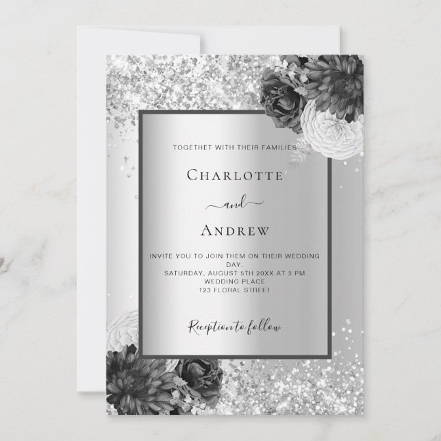 Silver floral monochrome wedding invitation (Front)