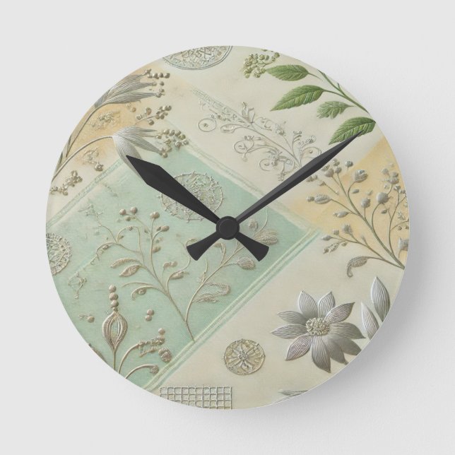 Silver Floral Motif Design Round Clock (Front)