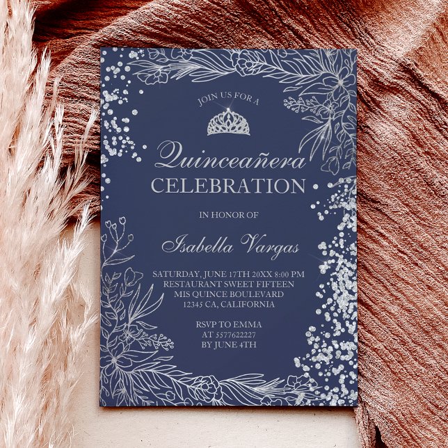 Silver floral navy blue photo Tiara Quinceañera Invitation (Silver floral navy blue photo Tiara Quinceañera Invitation)