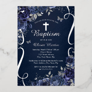 Silver Floral Navy Butterfly Boy Baptism
