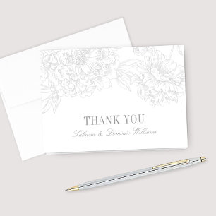Silver Floral Peony Wedding Monogram Thank You Card