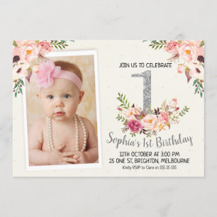 Silver Floral Photo 1st Birthday Party Invitation