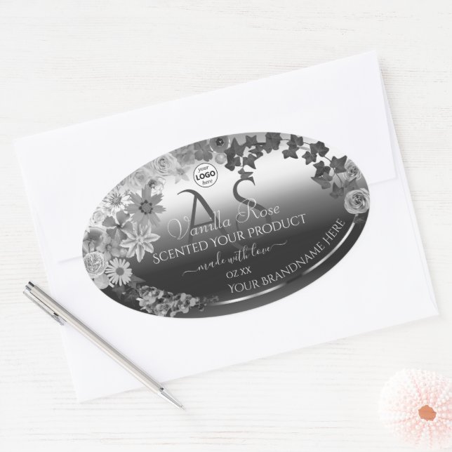 Silver Floral Product Labels with Monogram Logo (Envelope)
