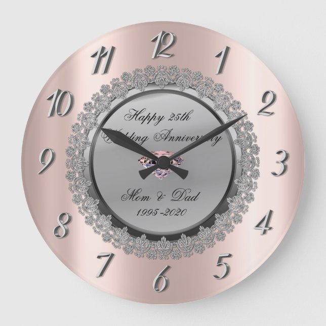 Silver Floral  Rose Gold 25th Wedding Anniversary Large Clock (Front)