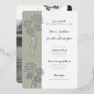 Silver Floral Sage Green Wedding Foil Invitation