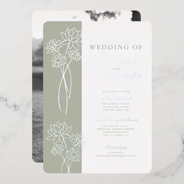 Silver Floral Sage Green Wedding Foil Invitation (Front/Back)