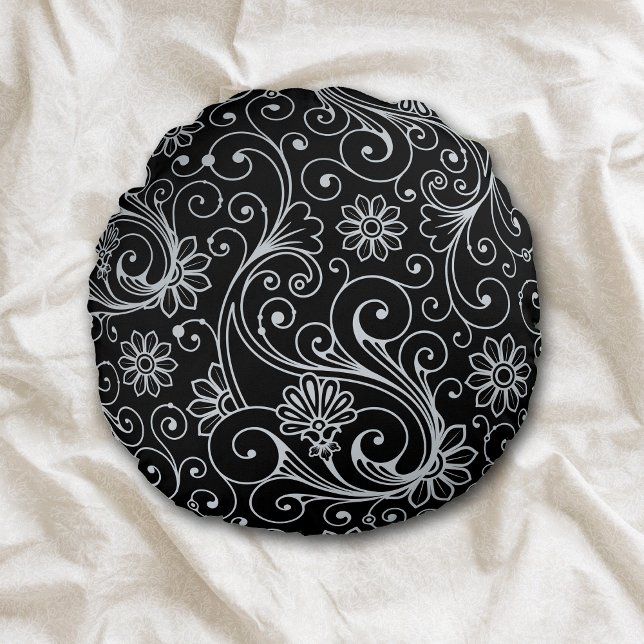 Silver Floral Swirl on Black Round Cushion (Creator Uploaded)