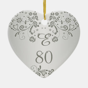 Silver floral swirls 80th Birthday heart Ornament