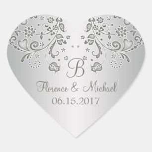 Silver floral swirls Wedding Heart Sticker